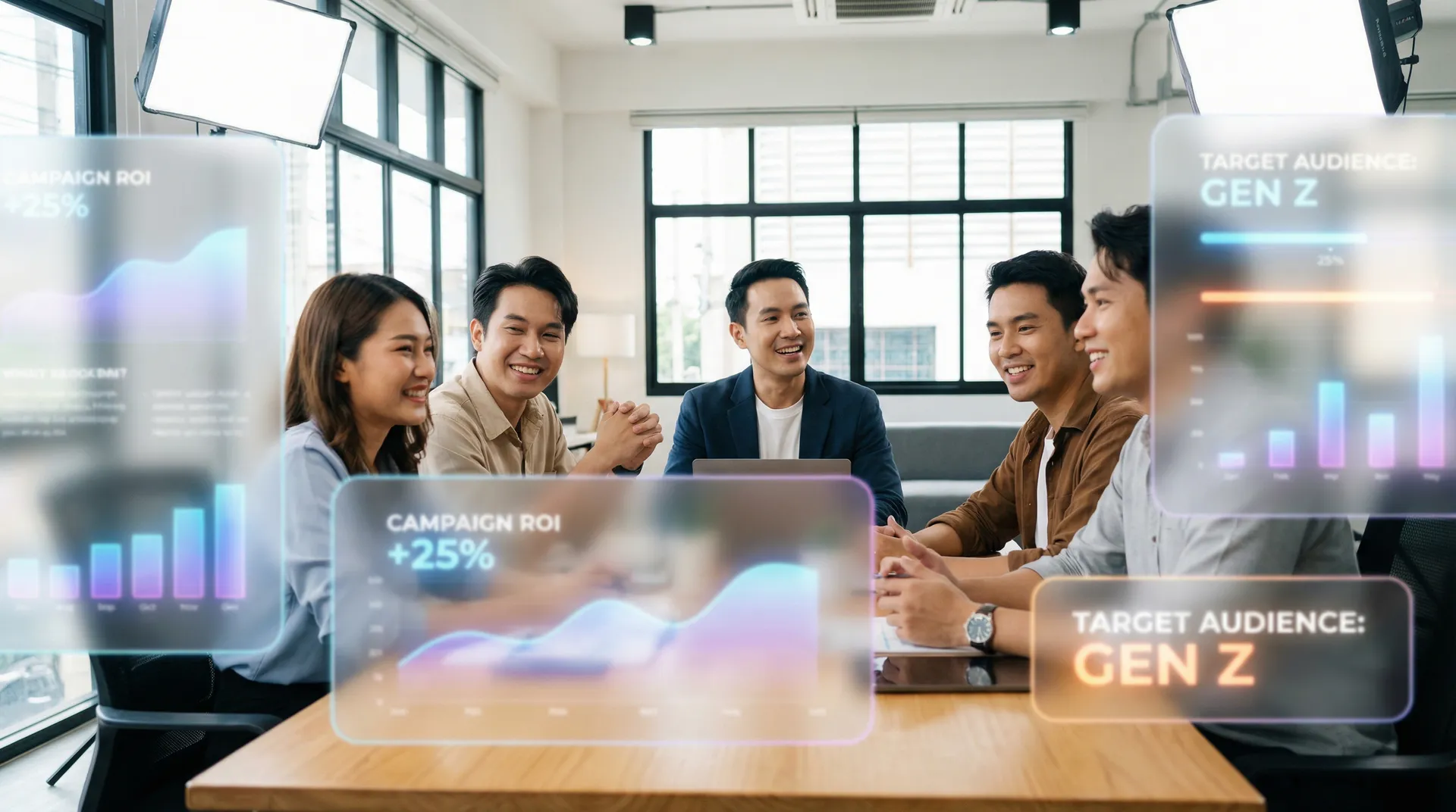 Team collaborating with data overlays