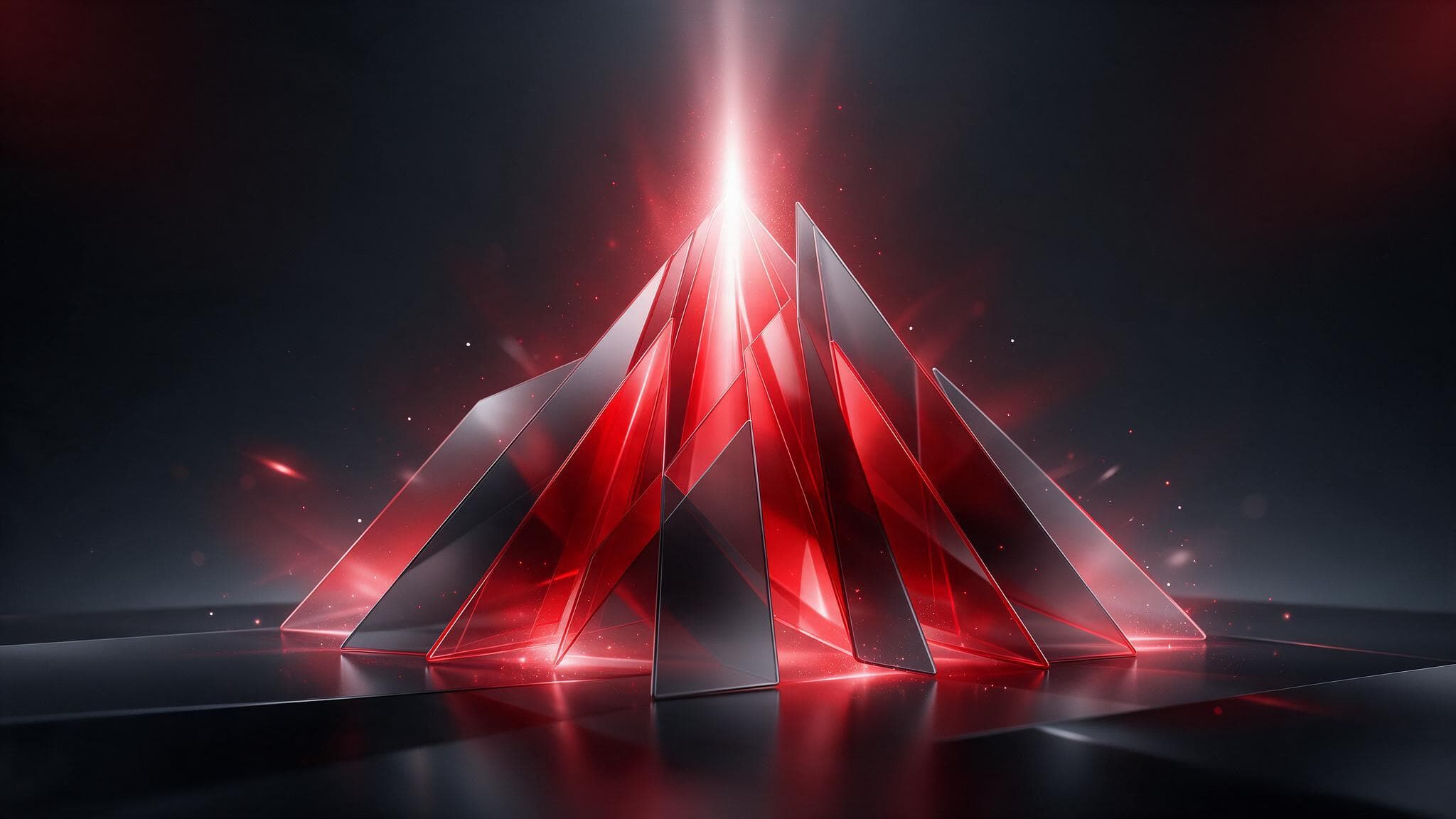 Abstract glass panels narrowing into a focused beam in red and charcoal