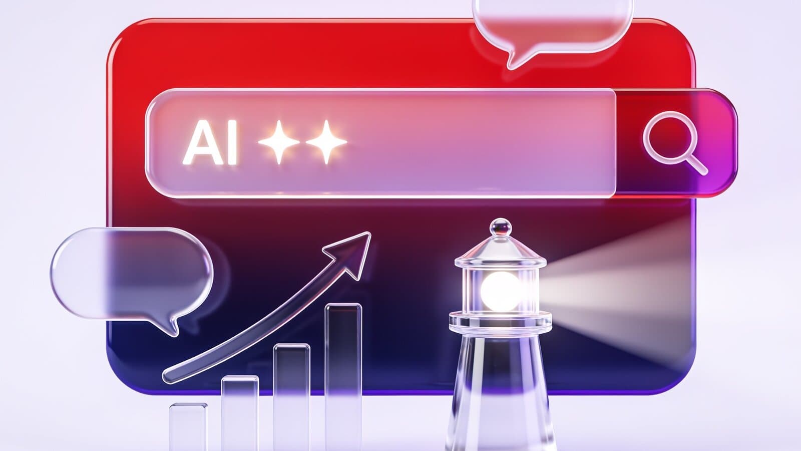 Glass AI search bar with a lighthouse symbolising brand visibility in AI search