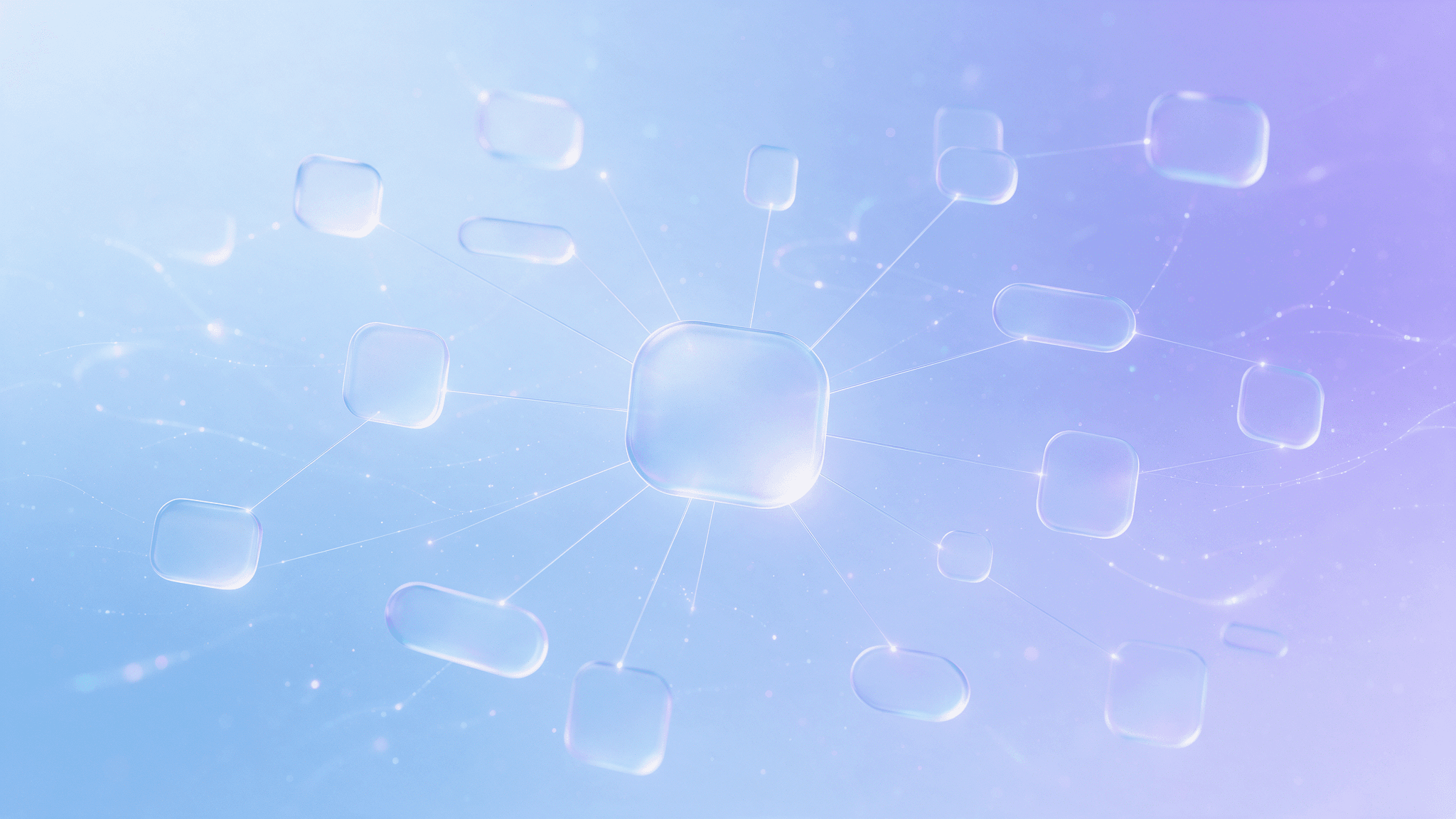 Abstract glass network of a central node linked to many panels, illustrating the Google Search Partners network