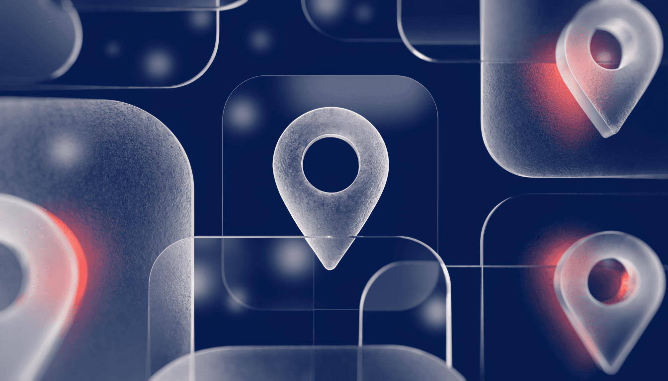 Glassmorphism illustration of a map pin over condominium buildings representing local SEO for real estate