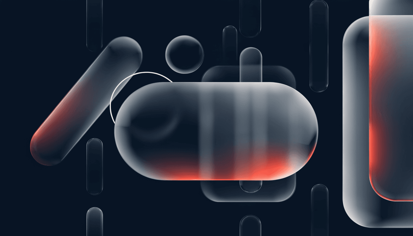 Glassmorphism illustration of an AI search interface selecting one glowing brand card as its answer