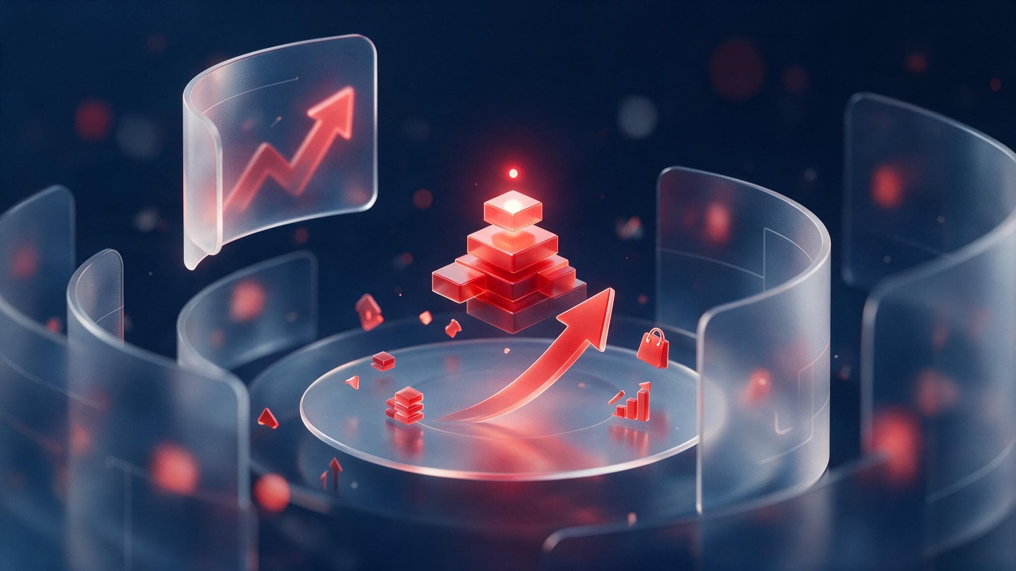 Abstract glassmorphism illustration of an orange shopping-bag icon rising on a navy dashboard with ascending bars