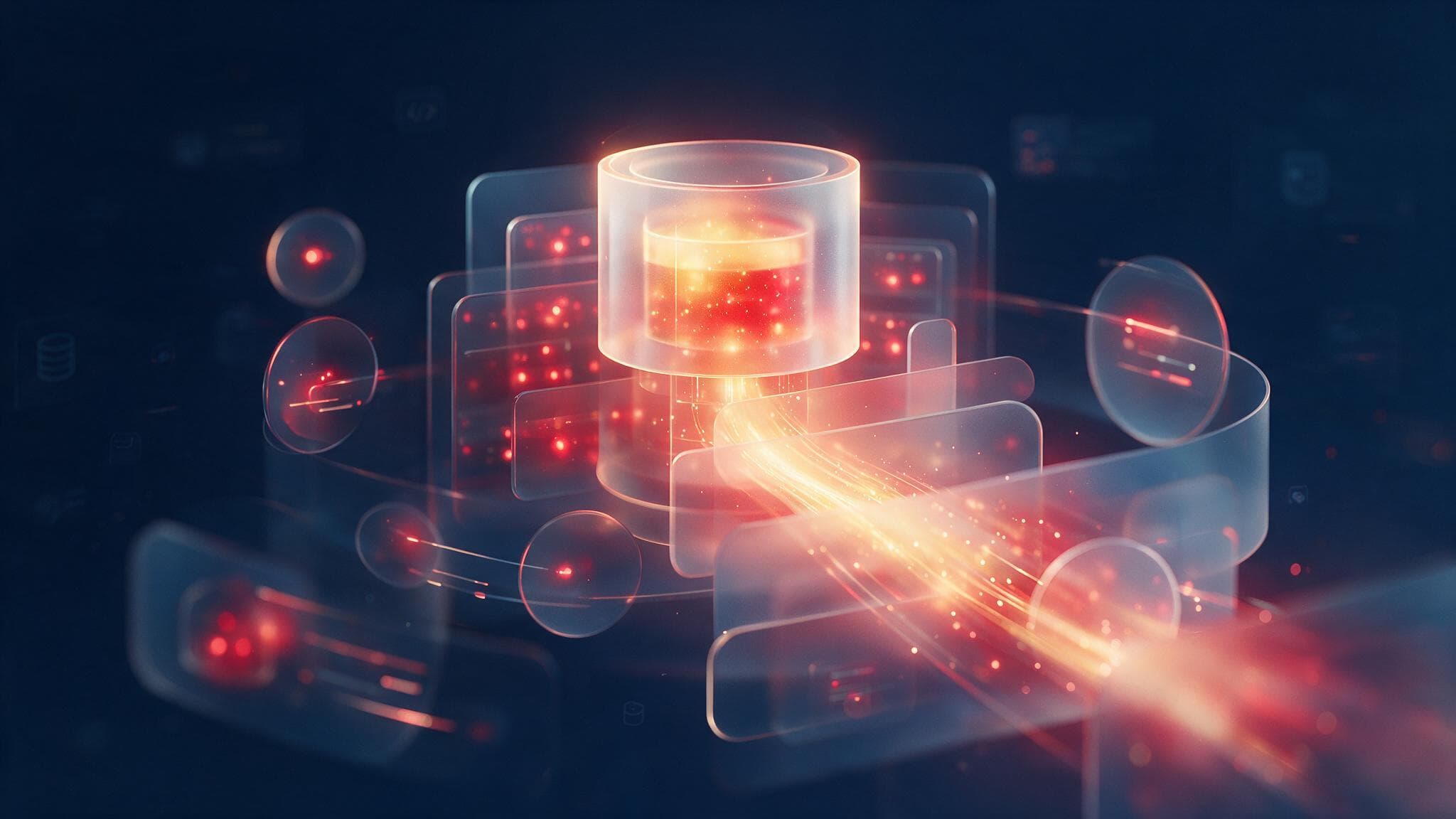Abstract glassmorphism illustration of a WordPress server core powering a fast website, deep navy with warm red accents