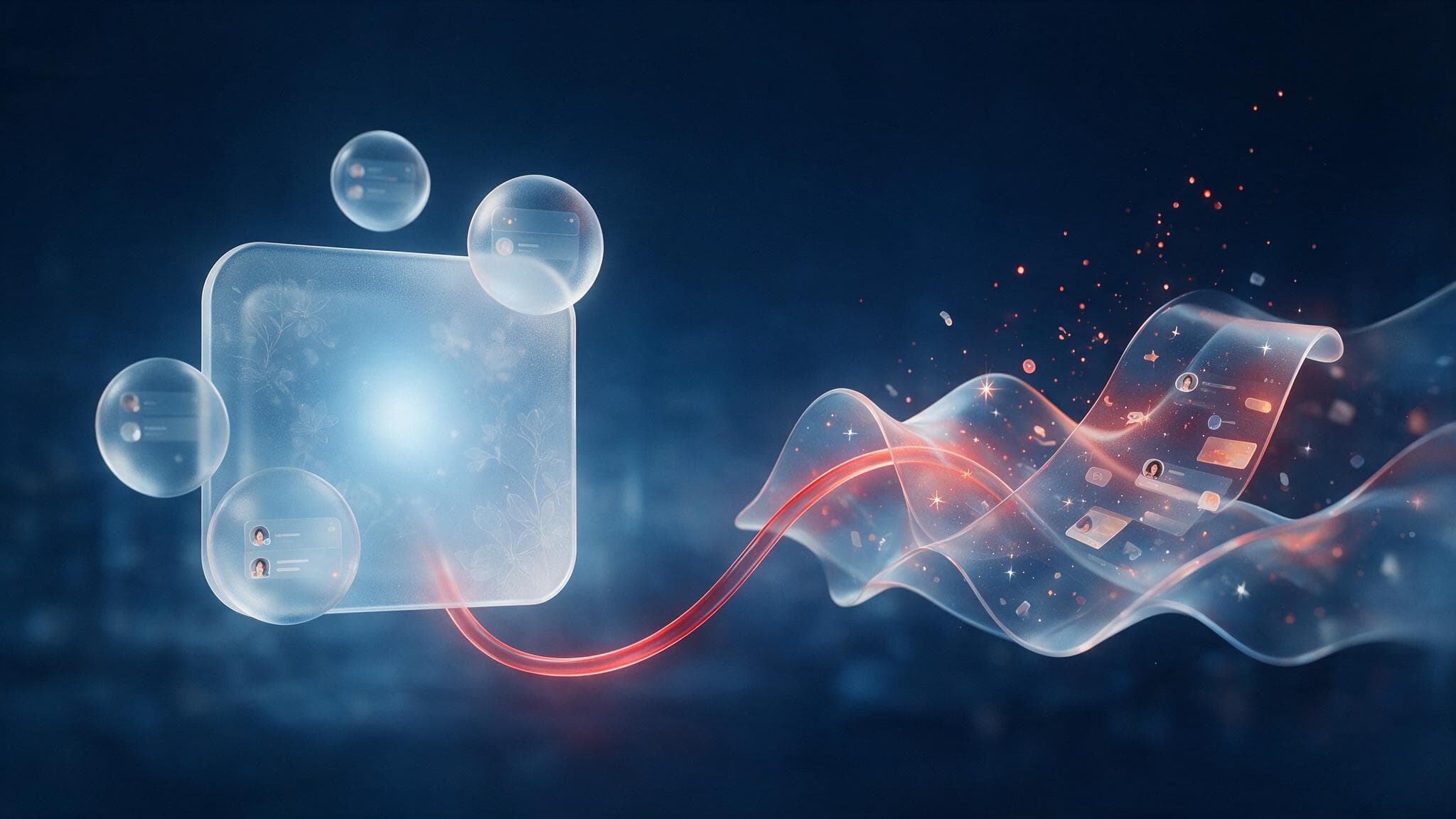 Abstract glassmorphism illustration contrasting a private messaging bubble and an open public feed