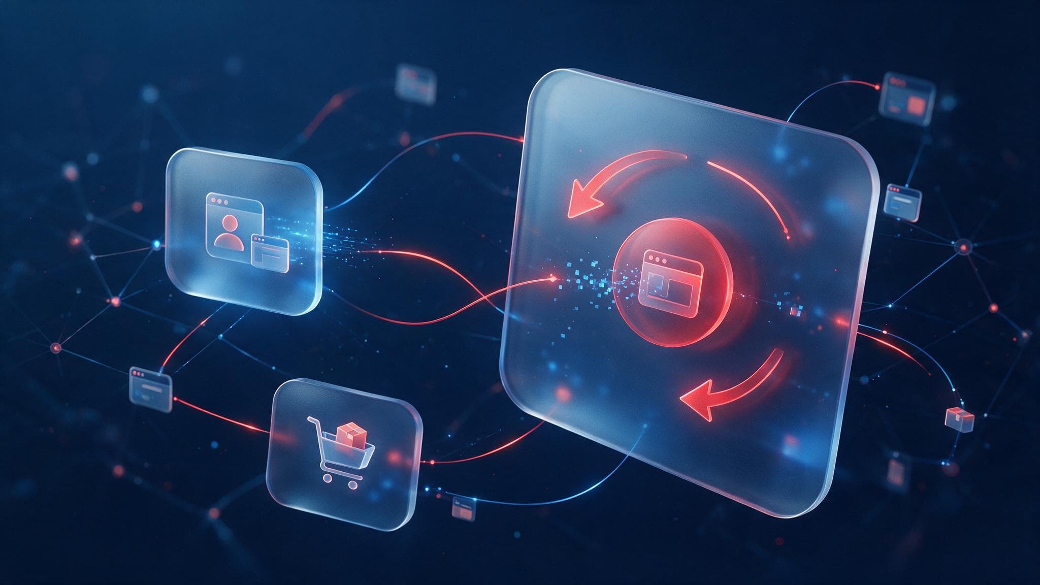 Glassmorphism illustration of a website visitor returning through repeated ad touchpoints on deep navy with warm red accents