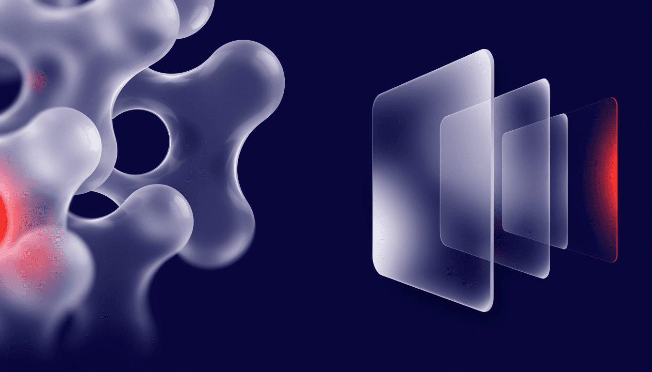 Glassmorphism illustration of a search results panel and an AI chat bubble balanced on a scale