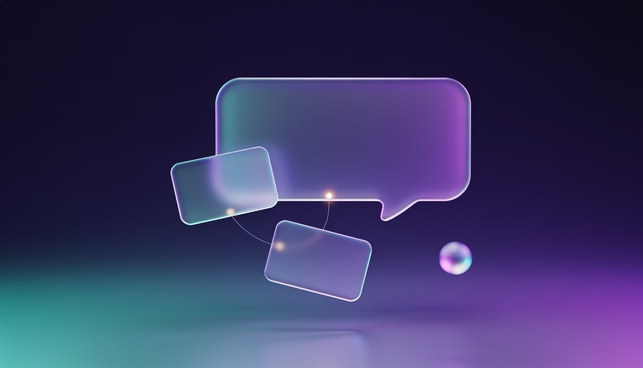 Abstract glassmorphism illustration of two translucent ad cards floating before a conversational answer panel, with light threads stopping short of a separate glowing citation node, representing the gap between paid ads and AI citations.