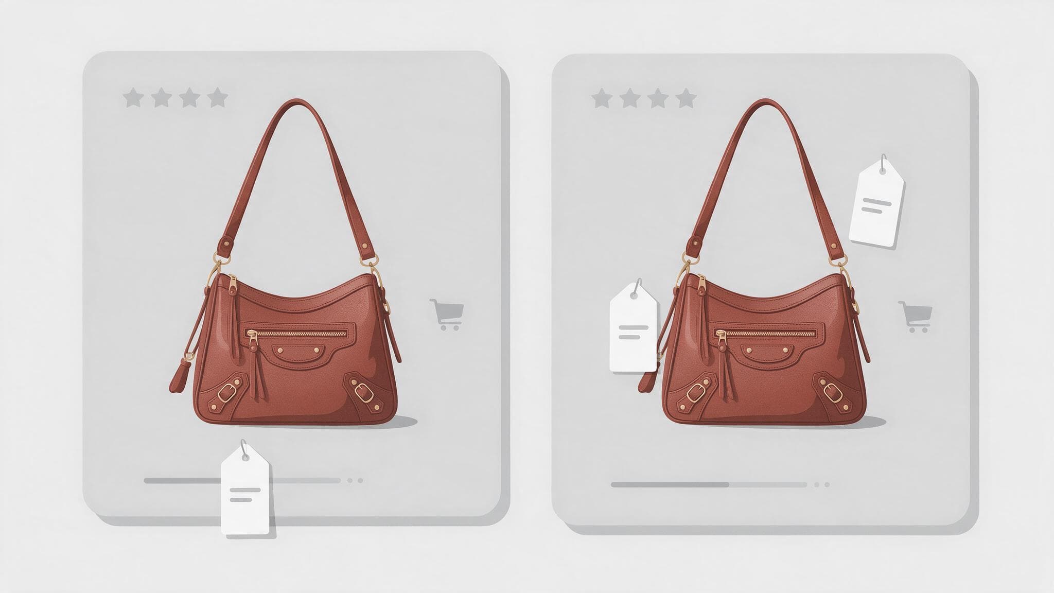 Two shopping result panels showing the same product at two different prices, one noticeably higher