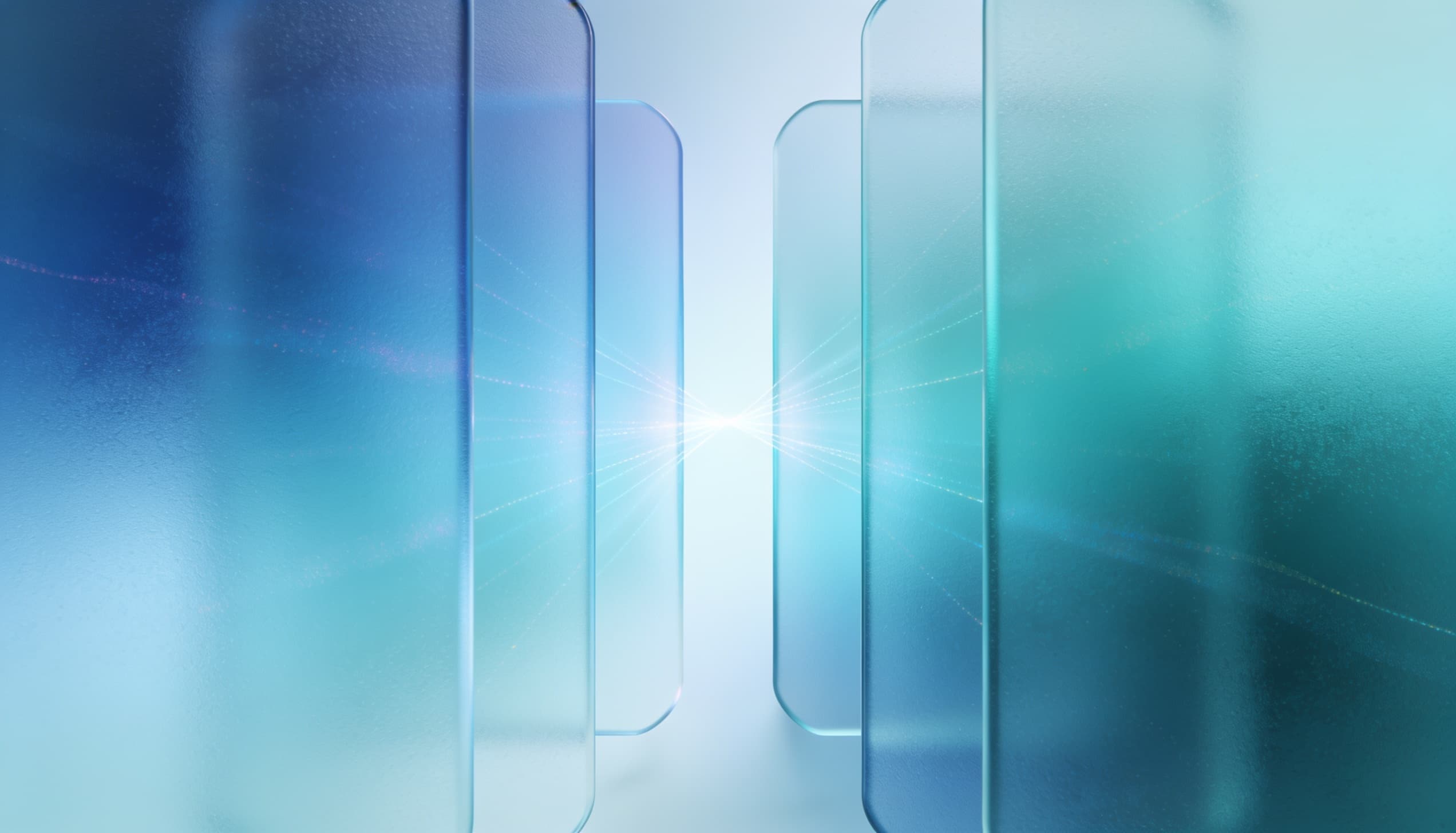 Abstract frosted glass panels separated by a widening gap, with faint light threads thinning as they cross, representing search traffic redistributing away from traditional search engines toward AI assistants.