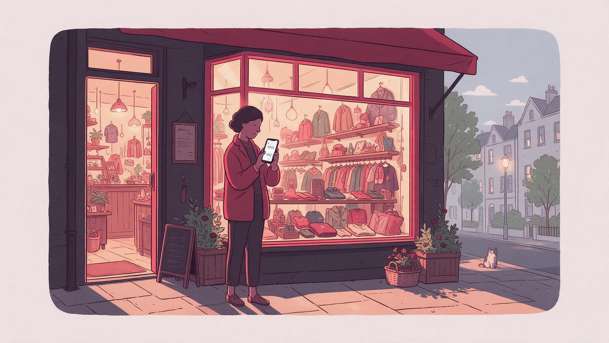 A shopper at a shop doorway holding a phone whose chat answer contradicts the shop window display