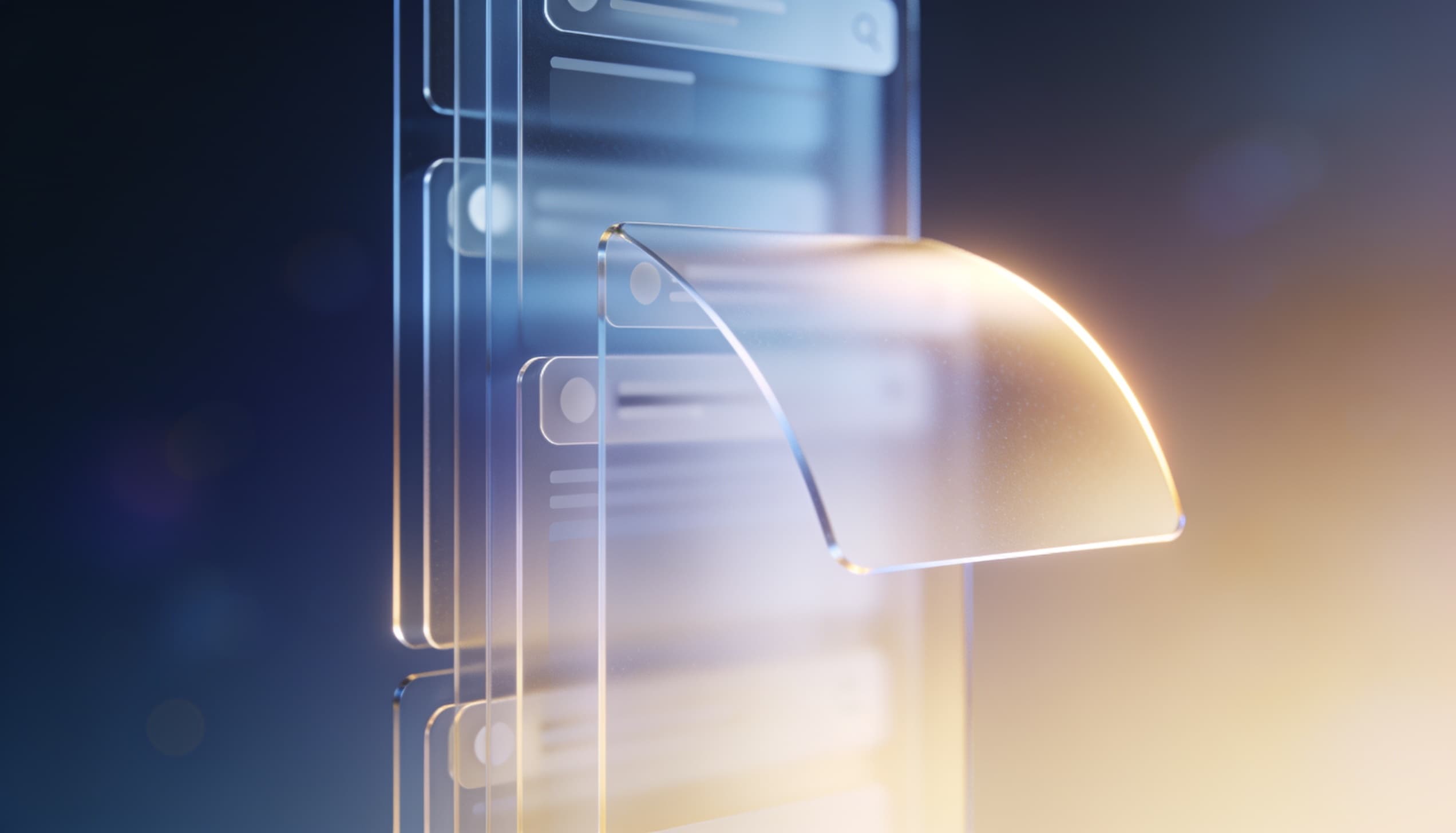 Abstract glassmorphism illustration of stacked translucent search-result panels with one panel being eased aside by a glowing arc, representing a regulatory review of how search results are ordered.