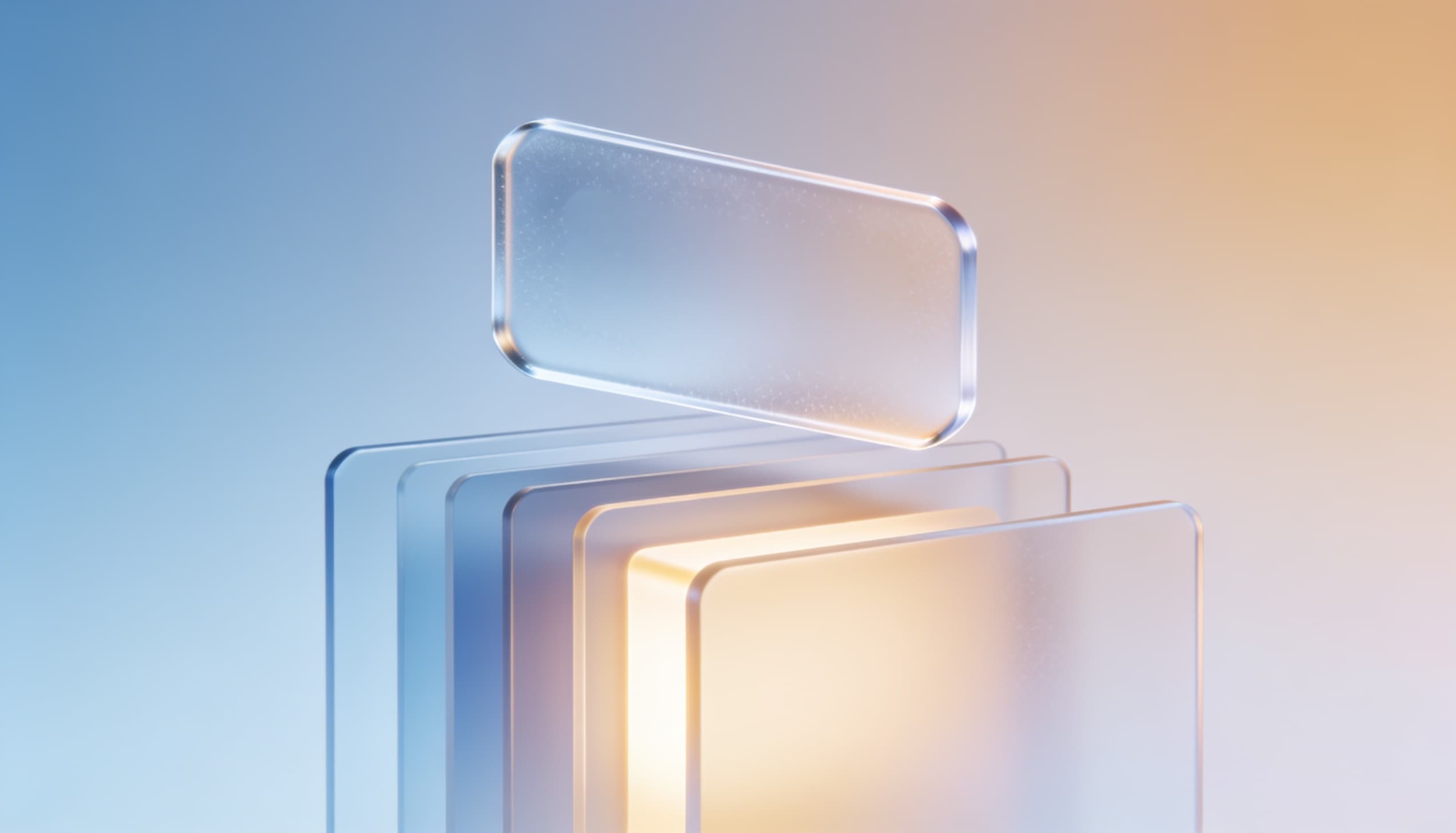 A frosted glass badge hovering above layered abstract panels, representing disclosure labels applied to advertising creative.