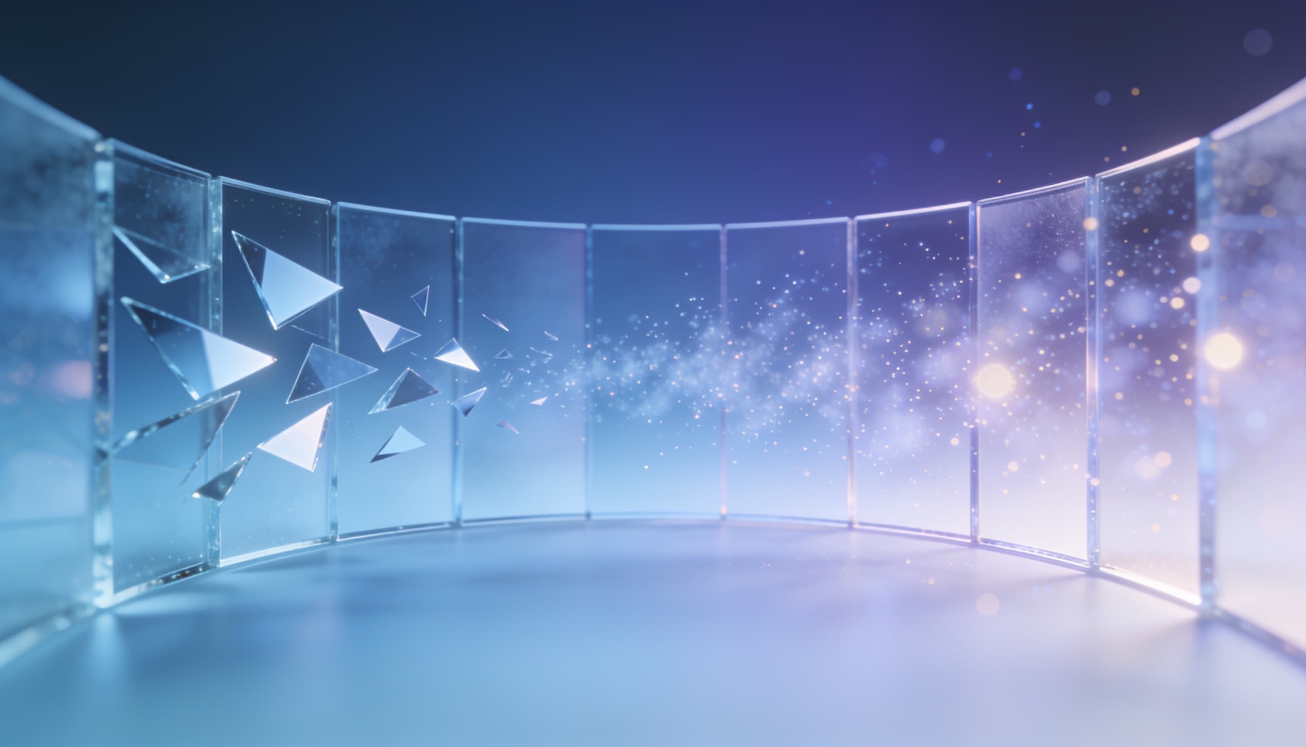 Abstract glassmorphism illustration of angular geometric shards dissolving into soft glowing particles across frosted glass panels, representing a shift from manual controls to AI-driven prediction.