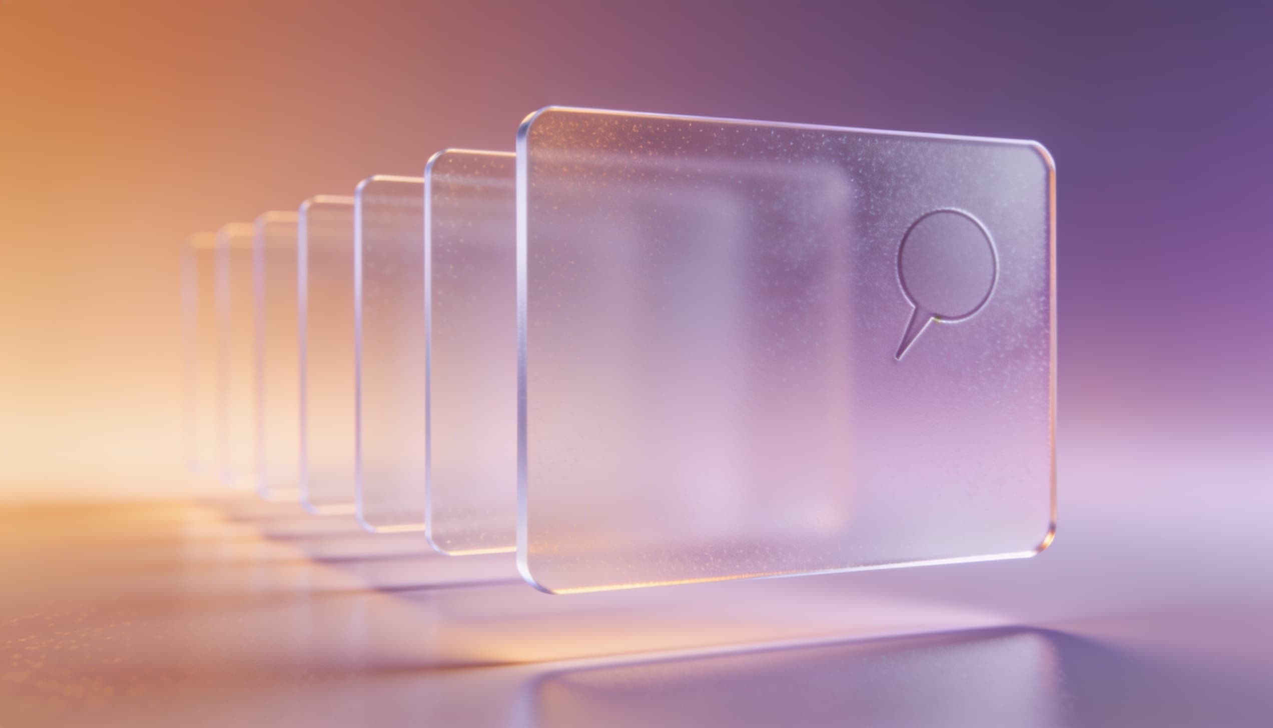 Abstract frosted glass card floating in front of a receding row of smaller translucent cards with a faint pin shape, representing Google-hosted business profiles appearing ahead of company websites in AI answers.