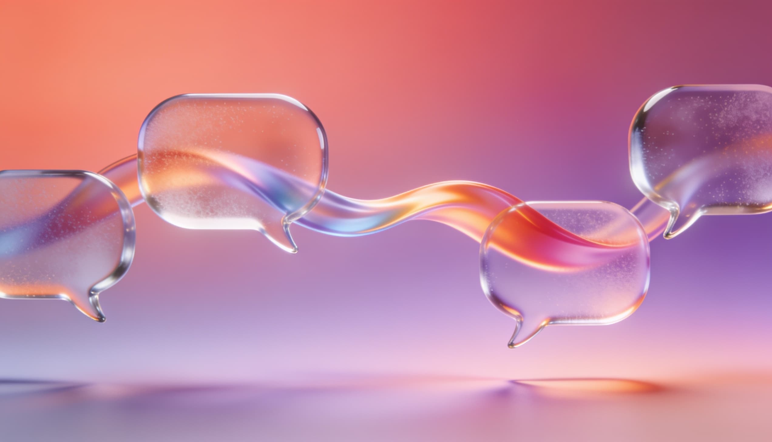 Abstract glassmorphism illustration of translucent speech bubbles refracting coloured light ribbons that merge into a single stream, representing language translation.
