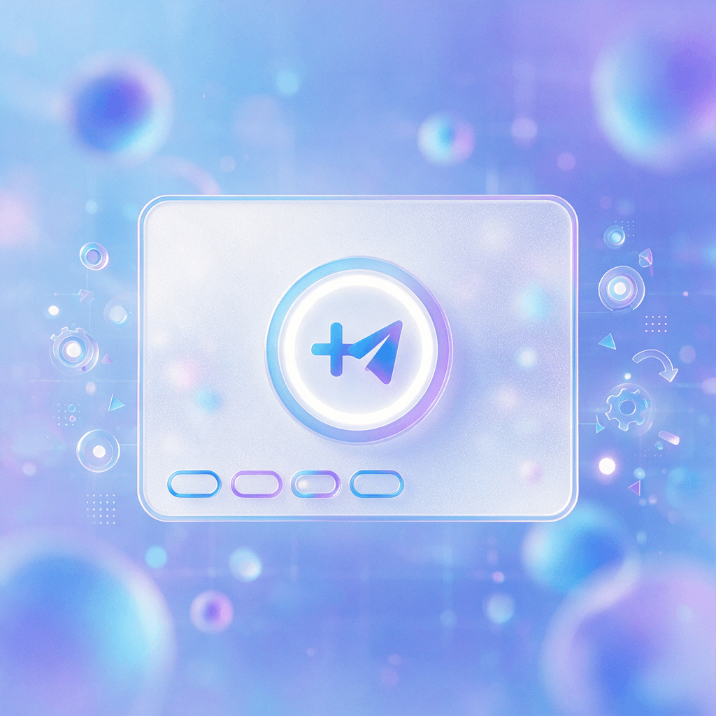 Glassmorphism illustration of a feed card with a prominent button and small link chips pushed to the bottom