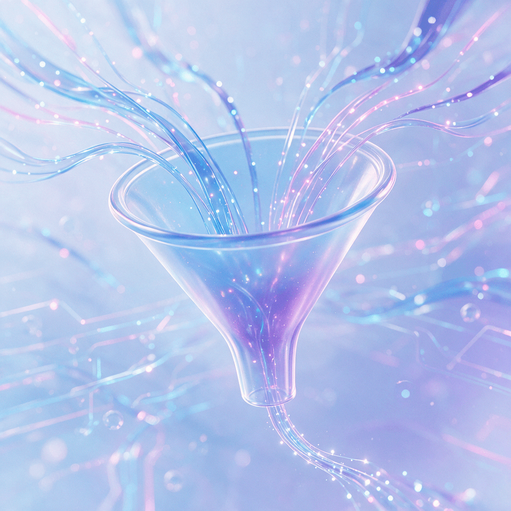 Glassmorphism illustration of a funnel narrowing many inbound streams to a thin trickle of outbound clicks
