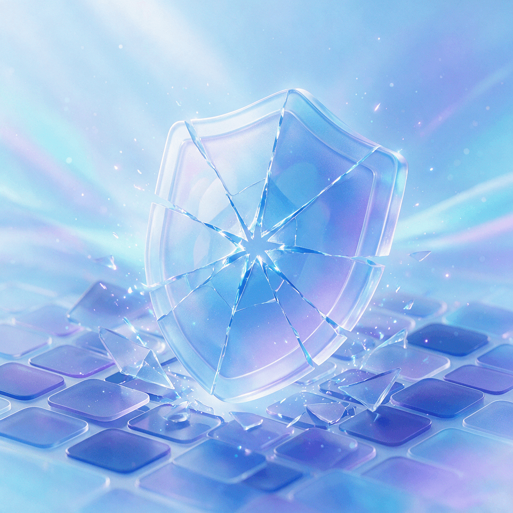 Glassmorphism illustration of a translucent shield cracking over a grid of small ad panels