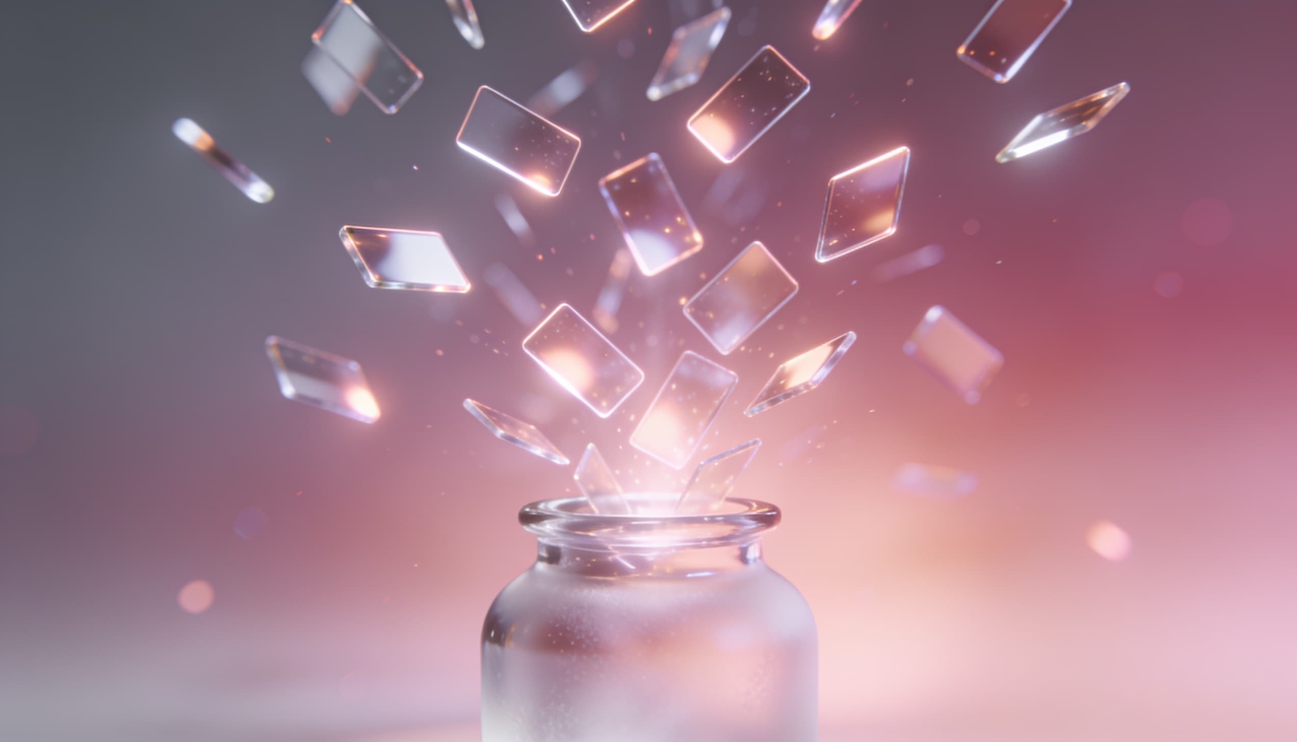 Abstract glowing glass cards converging into one larger frosted glass panel over a magenta and slate gradient, representing many videos rolling up into a single account.