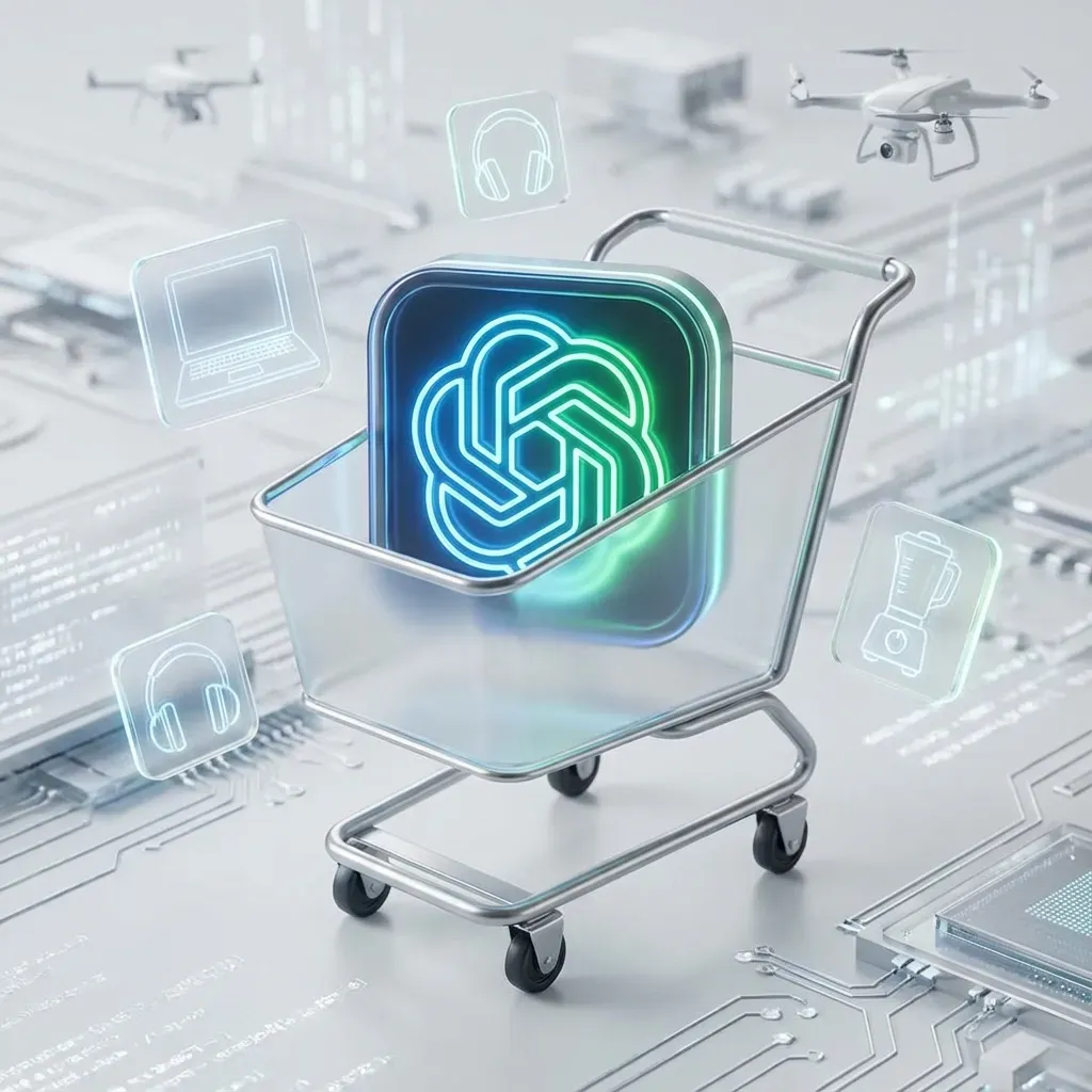 A futuristic, clean image of a glowing ChatGPT logo subtly integrated into a shopping cart, surrounded by various product icons like a laptop, headphones, and a blender, all against a blurred background of abstract e-commerce elements.