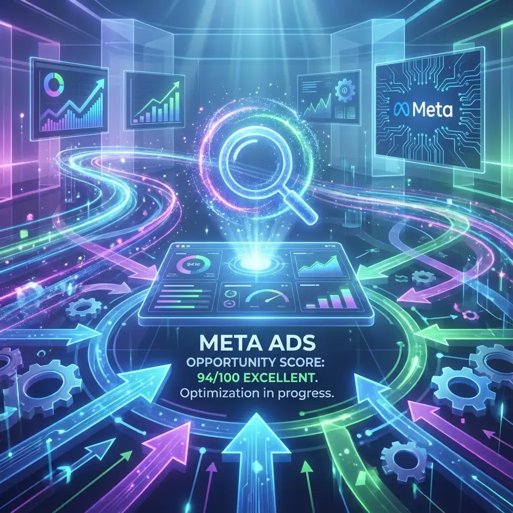 A vibrant, energetic depiction of Meta's advertising platform, showcasing intertwining digital pathways and data streams symbolizing AI and automation, with a spotlight on a magnifying glass revealing an "Opportunity Score" dashboard. The image should convey themes of optimization, data analysis, and forward-thinking digital marketing.