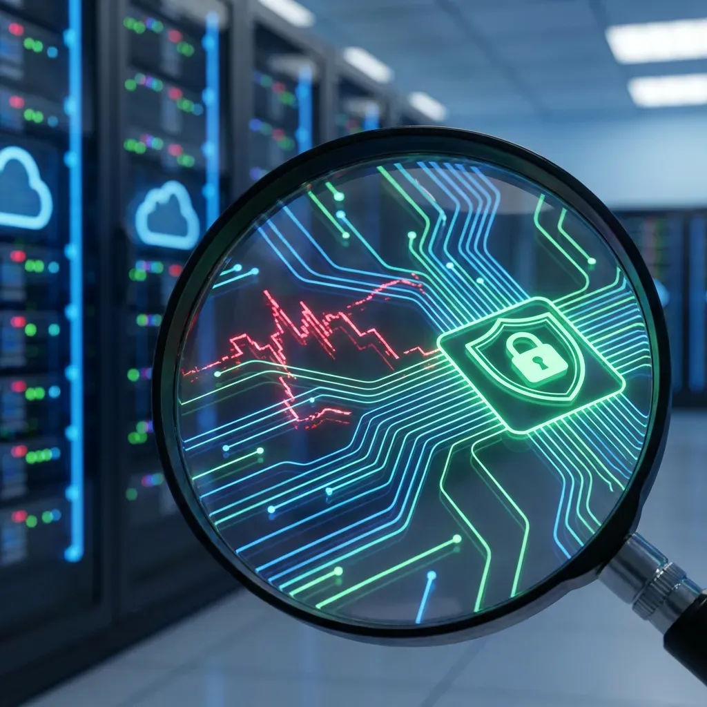 A close-up of a magnifying glass hovering over a complex digital network or data streams, with some streams appearing broken or red and others flowing smoothly into a secure, green "gateway" icon, representing data loss and secure data flow. The background should be subtly blurred, depicting a modern data center or cloud infrastructure, suggesting technology and privacy.