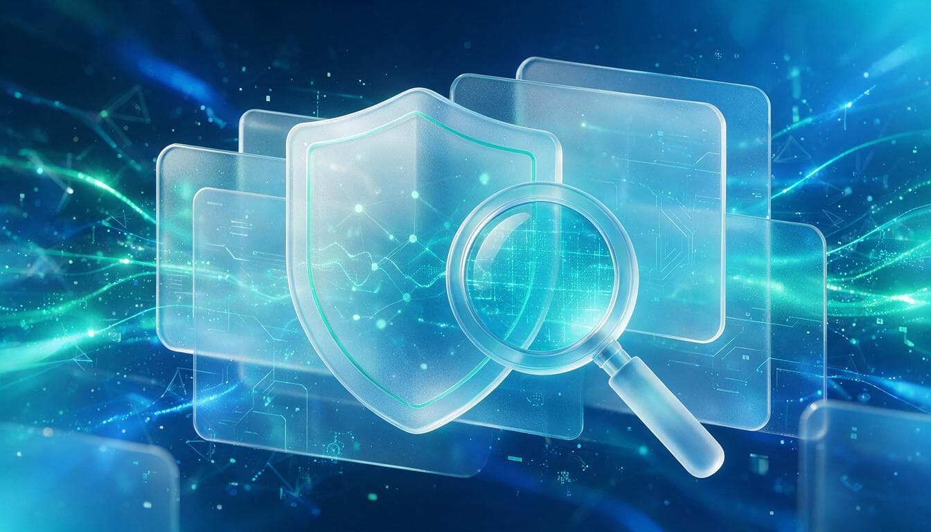 Abstract glassmorphism graphic of a security shield and search indexing motif
