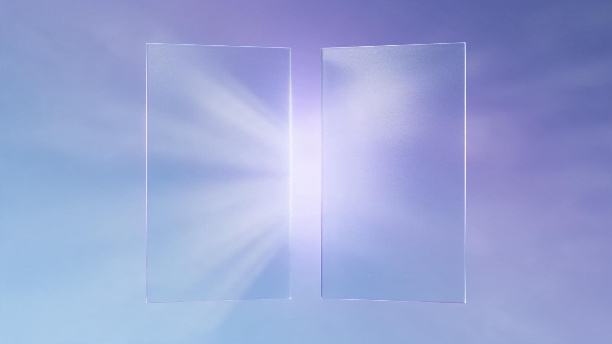 Two separate frosted glass panels with light passing between them on a blue and violet gradient