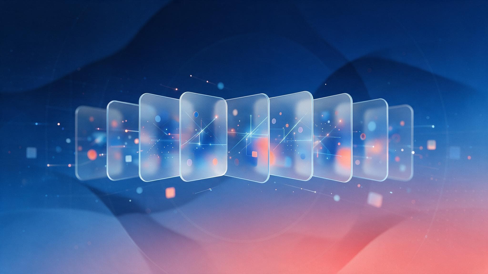 Translucent horizontal cards gliding in a row, illustrating the developing-topic link carousel Google has brought to AI Mode.
