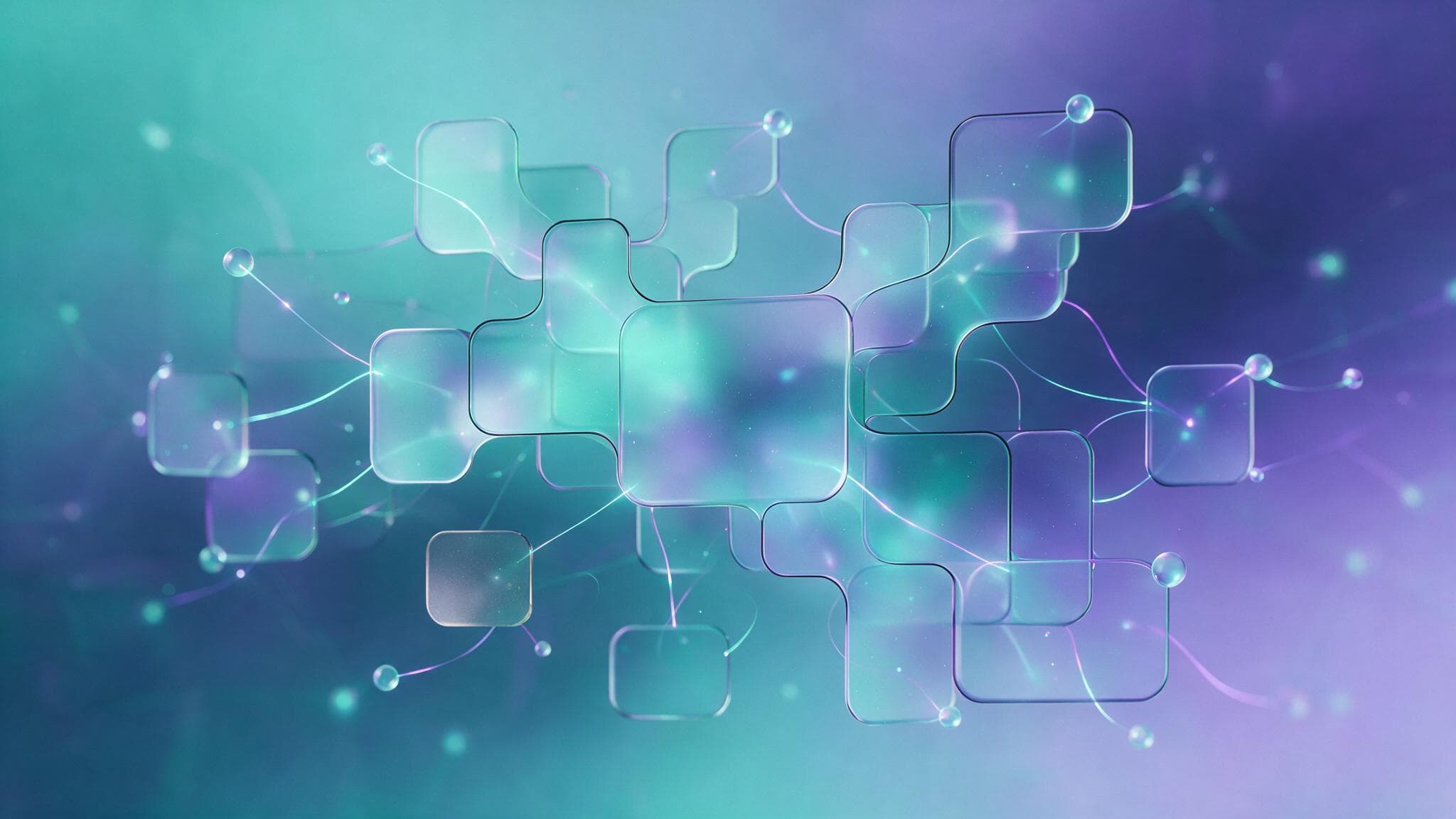 Frosted panels branching into scattered link nodes with one panel set apart from the cluster, illustrating that only 2.8 percent of sources cited by AI tools were brand-owned pages.