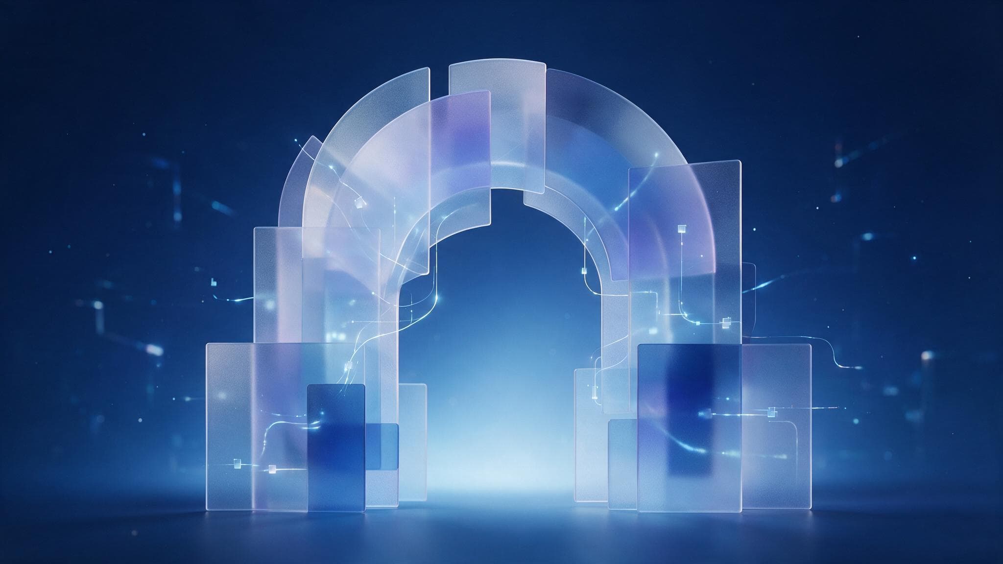 Frosted panels forming a gateway where some data lines pass and others stop, illustrating Cloudflare's Bot Preference Sync letting transparent AI crawlers through while blocking opaque ones.