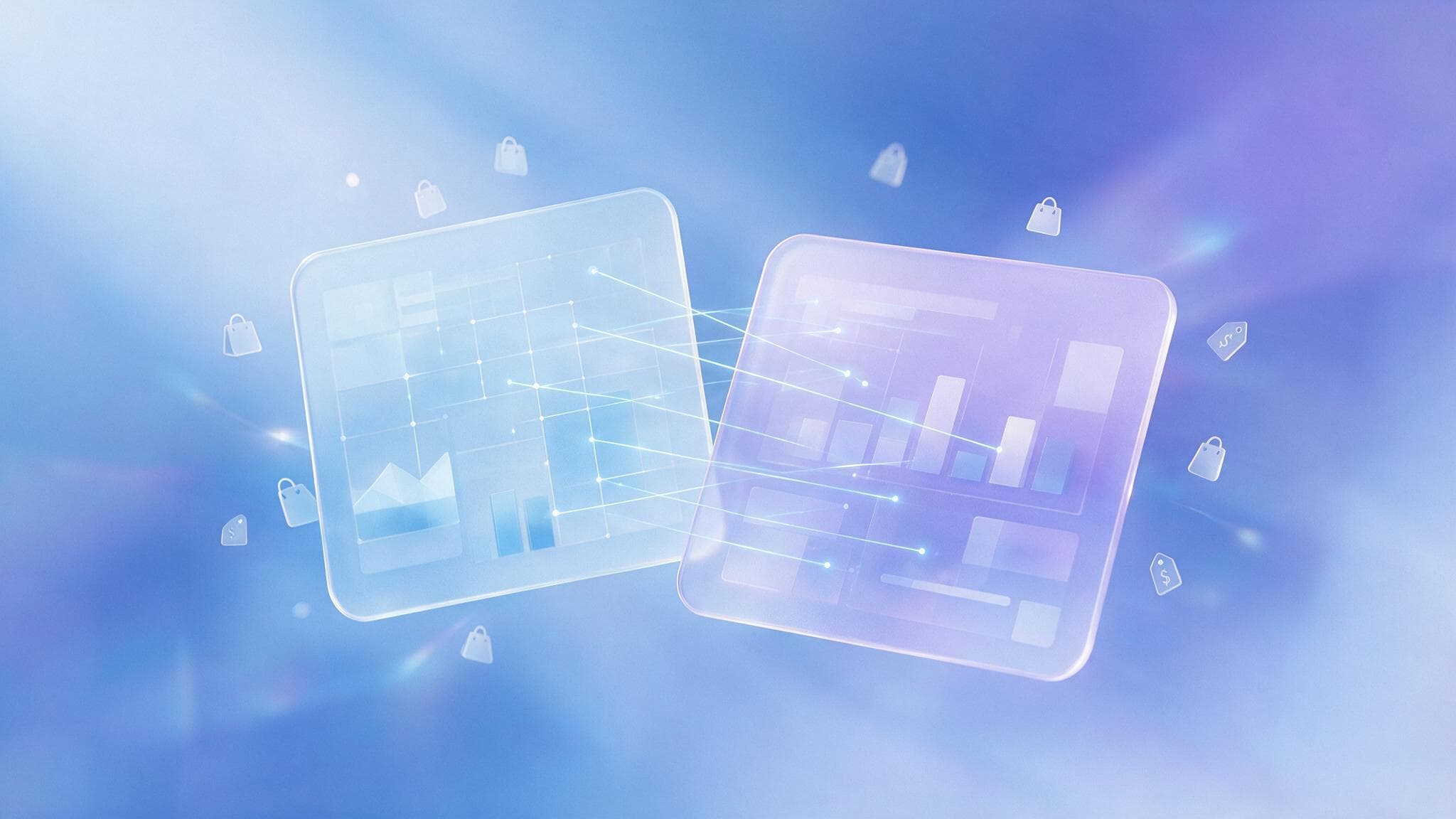 Abstract glassmorphism illustration of two overlapping translucent data panels with chart shapes, representing overlap between Demand Gen and Performance Max campaigns
