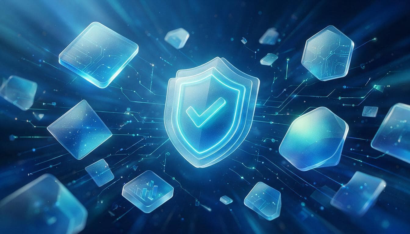 Abstract glassmorphism illustration of AI content transparency and labeling in navy and teal