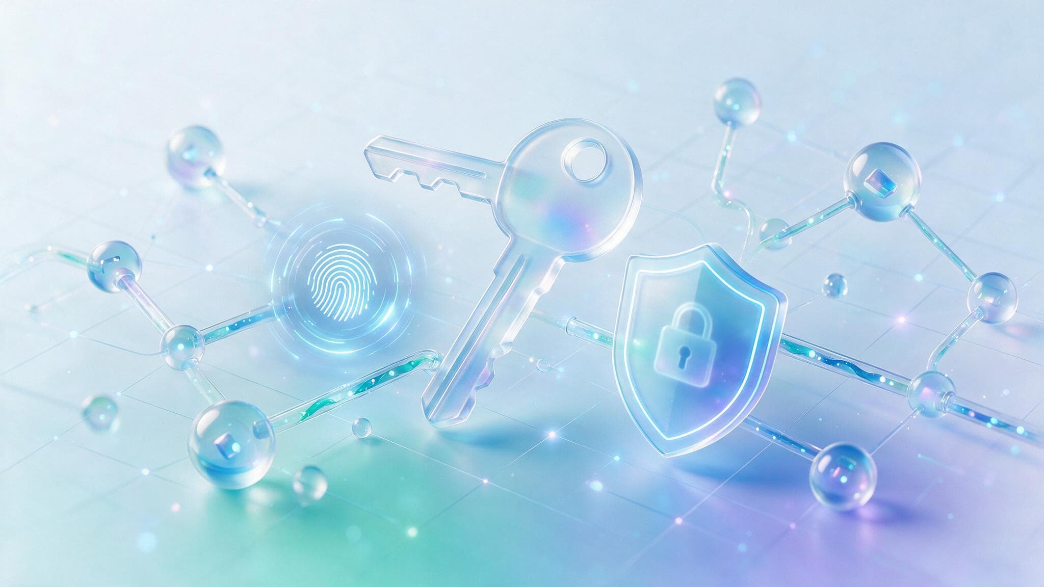 Abstract glassmorphism illustration of a translucent key and a glowing authentication sensor over connected data nodes