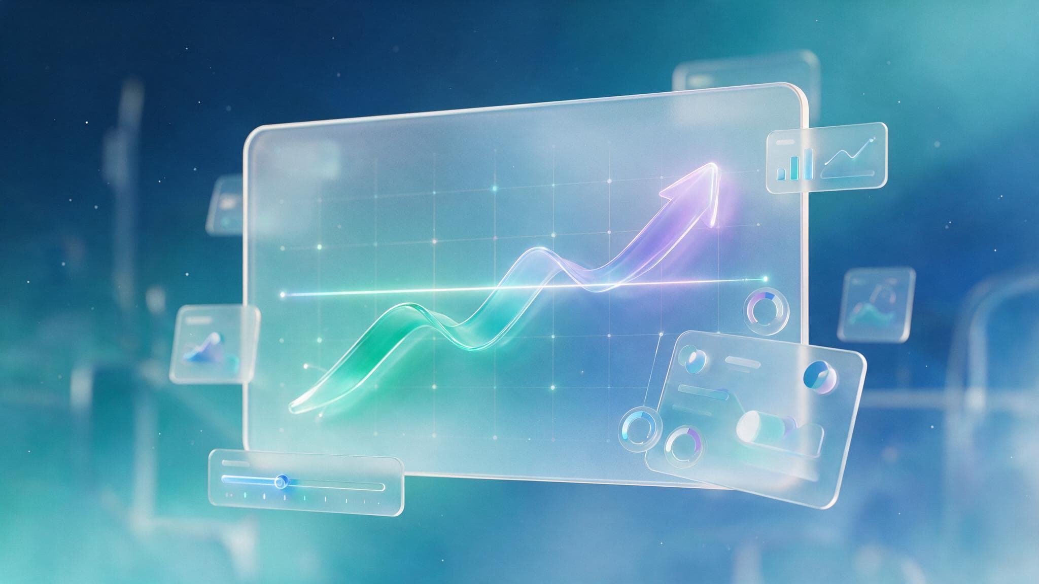 Abstract glassmorphism illustration of a rising cost curve meeting a target line above a budget slider