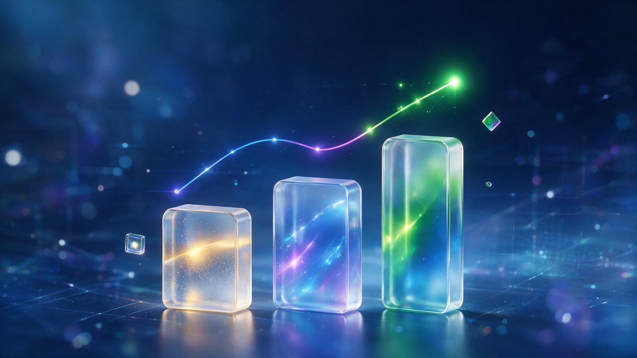Abstract glass-panel illustration of three ascending advertising budget levels