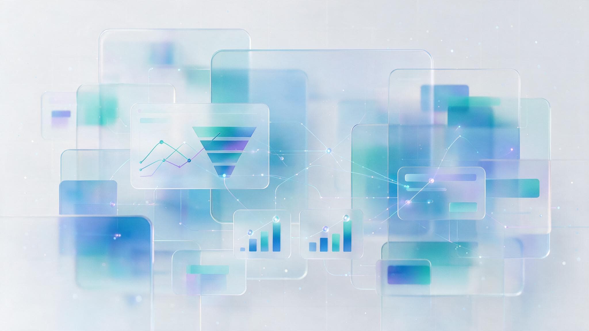 Abstract glassmorphism illustration of layered analytics panels representing Google Ads conversion measurement settings