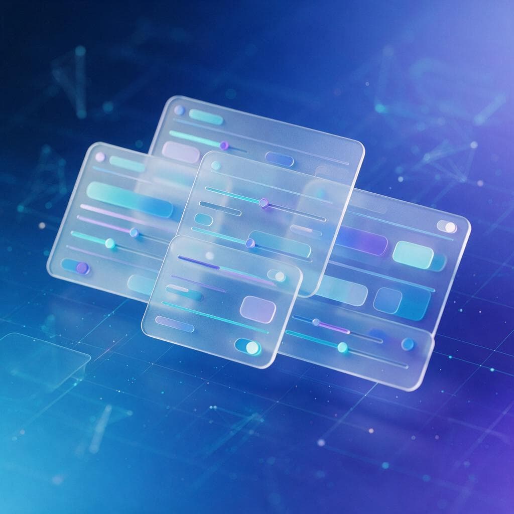 Abstract glassmorphism illustration of stacked translucent control panels and sliders, representing bulk campaign editing software