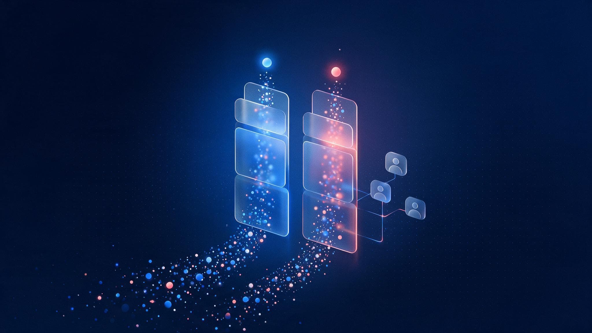 Abstract glass illustration of two data streams splitting apart, for the new Google Ads new-customer reporting setting