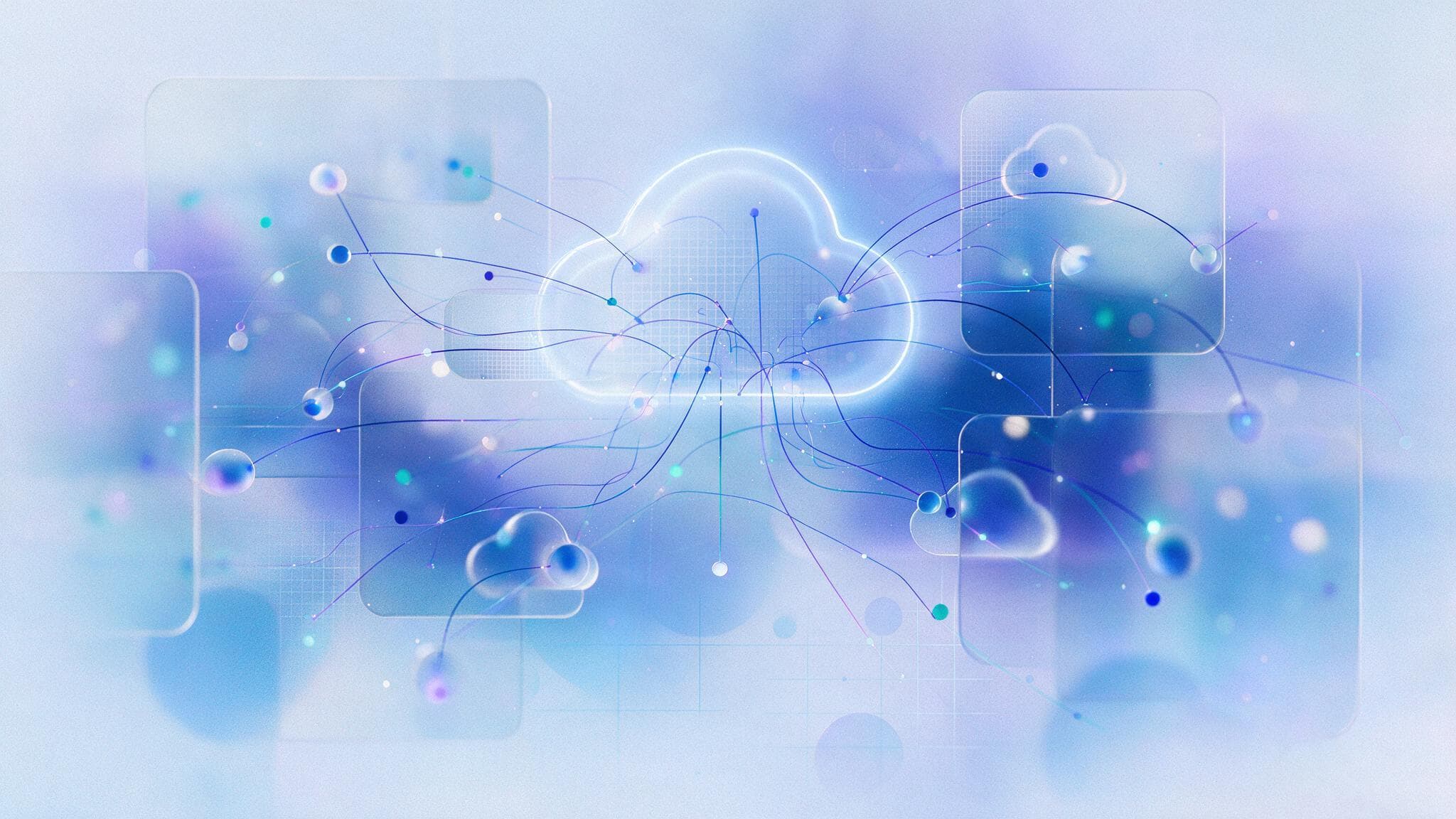 Abstract glassmorphism illustration of connected AI agent nodes across an enterprise cloud platform
