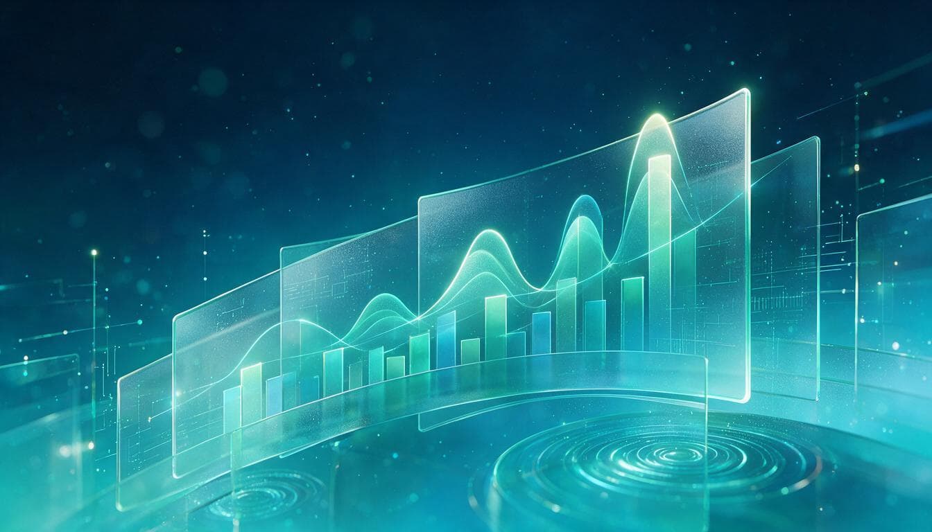Abstract glassmorphism visualization of brand lift measurement in deep navy with teal accents