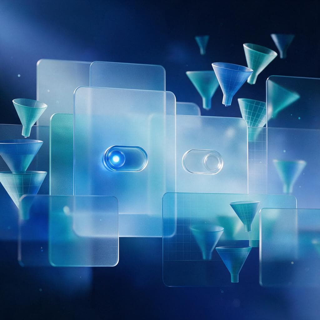 Abstract glassmorphism illustration of two toggle switches over layered translucent panels, representing Performance Max inventory controls