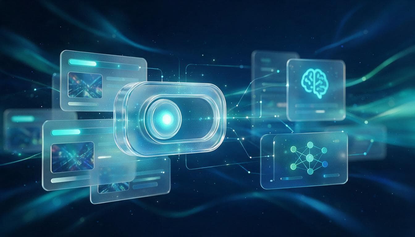 Glassmorphism illustration of a glass toggle switch and floating search and AI answer panels