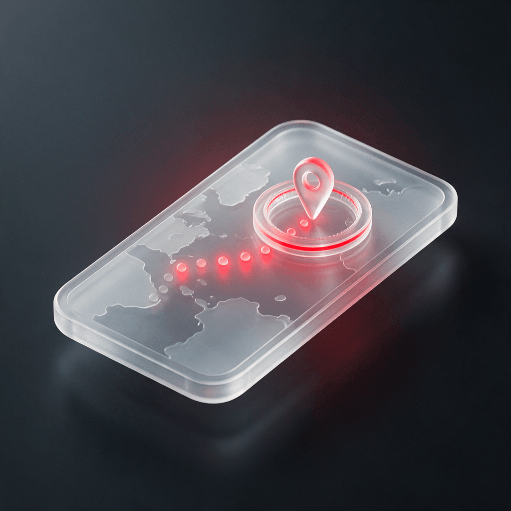 Glass map pin inside a regulator's seal over a smartphone location trail