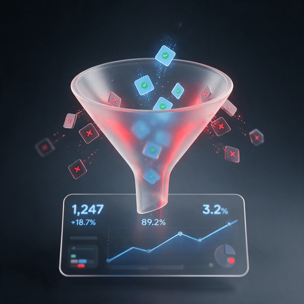 Glass funnel admitting only approved domain tiles into an analytics dashboard