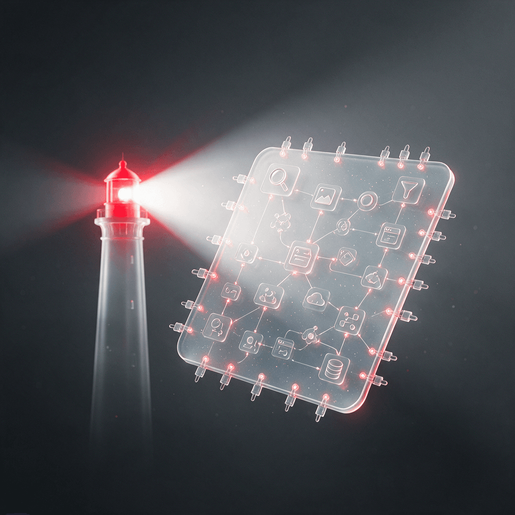 Lighthouse beam scanning a glass catalog card labelled for AI agents