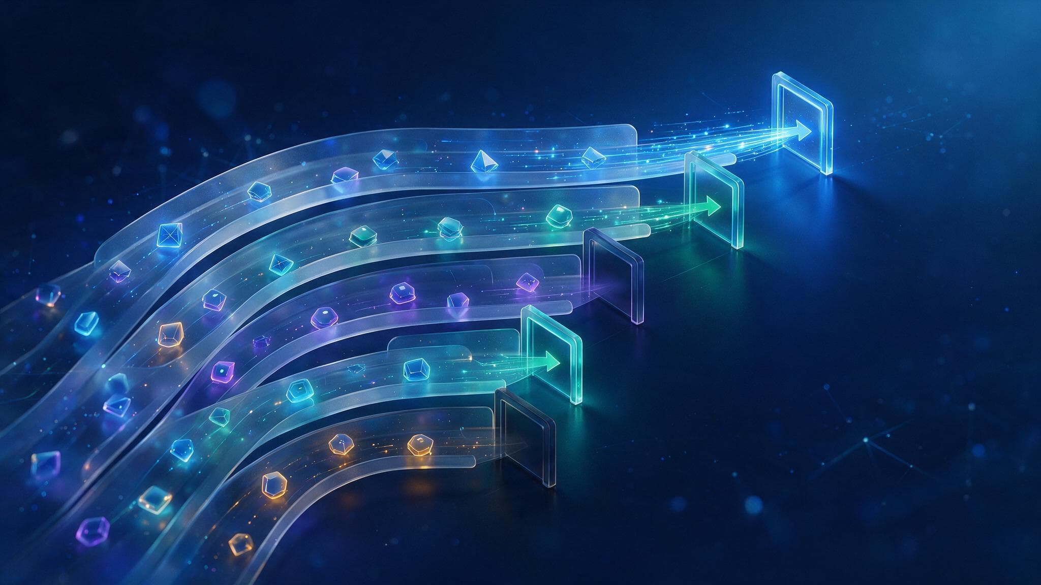 Abstract glass-panel illustration of web crawlers sorted into allow and block lanes