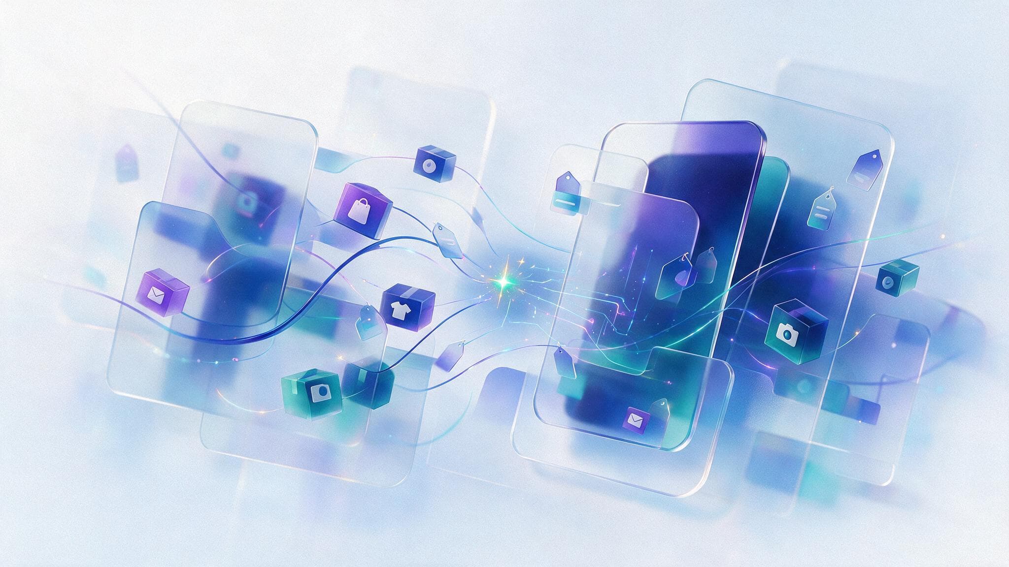 Abstract glassmorphism illustration of a mobile marketplace selling app with product and price shapes
