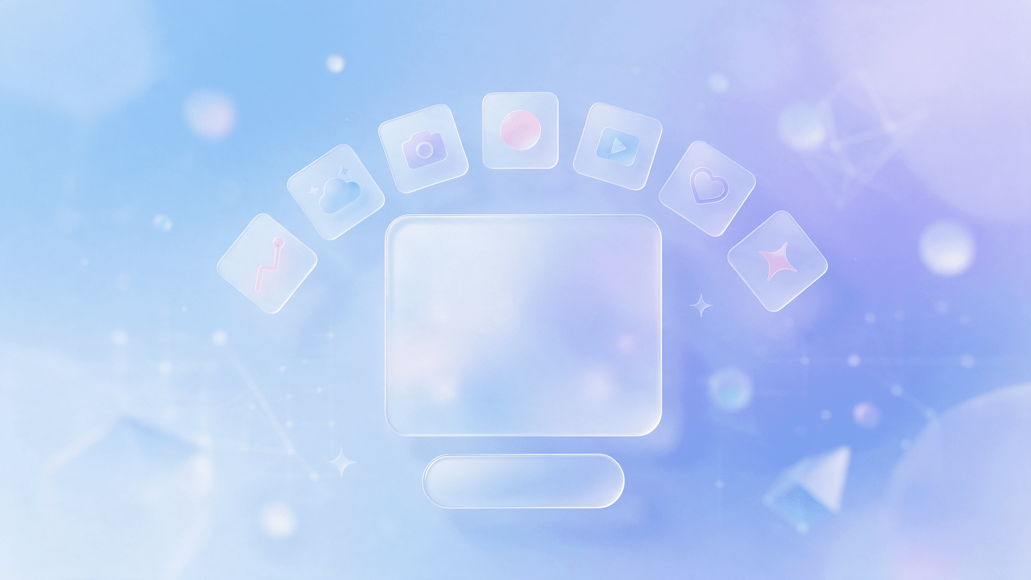 Abstract glass profile card with a follow button and content tiles, illustrating Google Search profiles